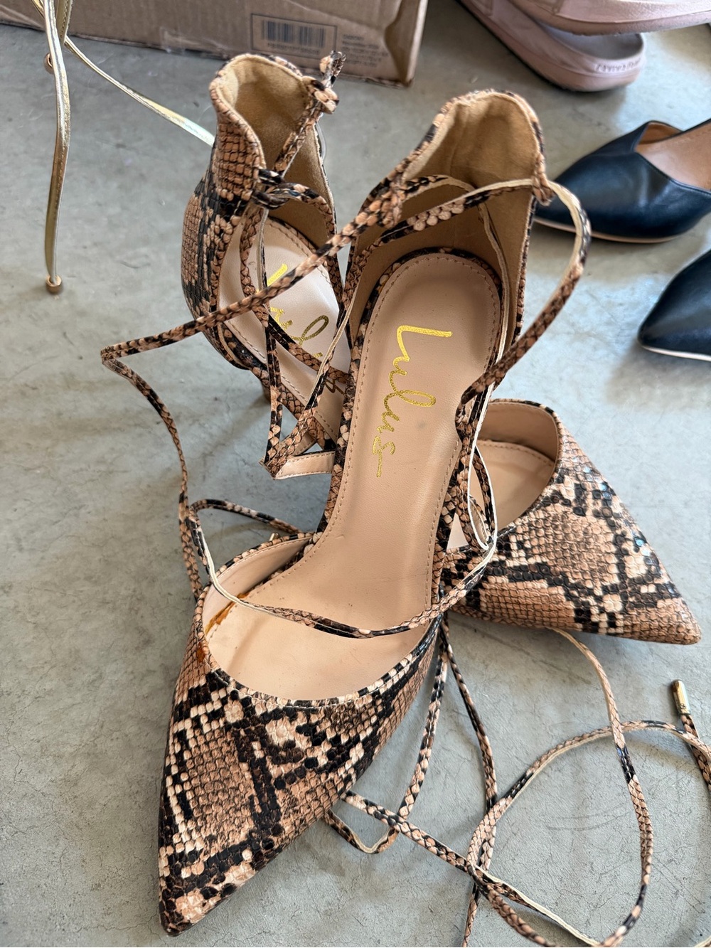 Lulu's Tan & Black Snake-Print Lace-Up Pointed Toe Heels